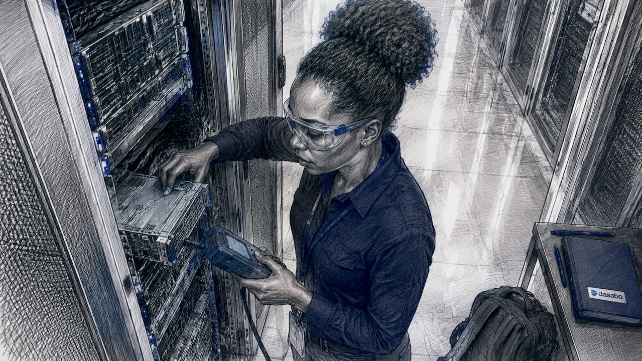 Technician examining server in data center