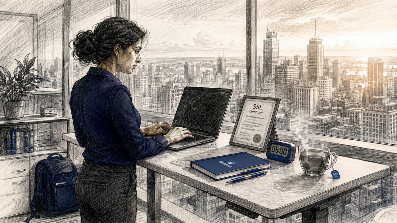Engineer activating SSL TLS certificate at desk
