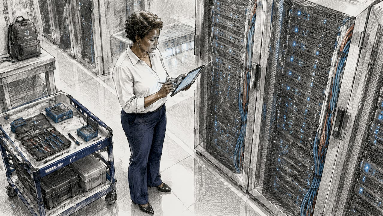 Server room with administrator checking disk space