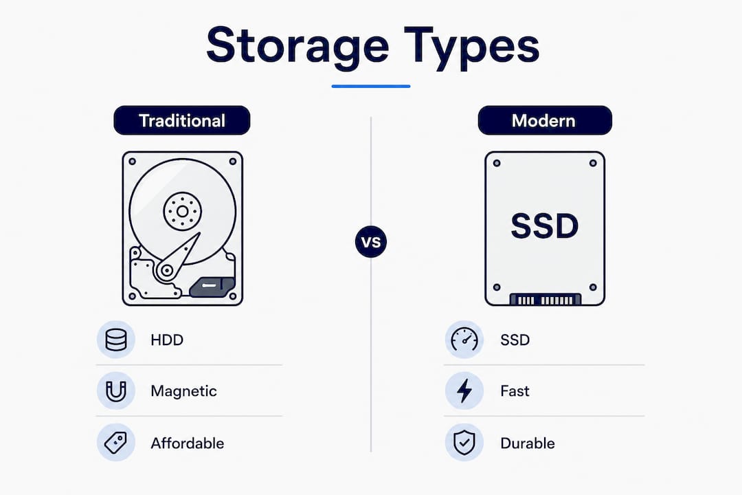 Infographic comparing traditional HDD and modern SSD storage types