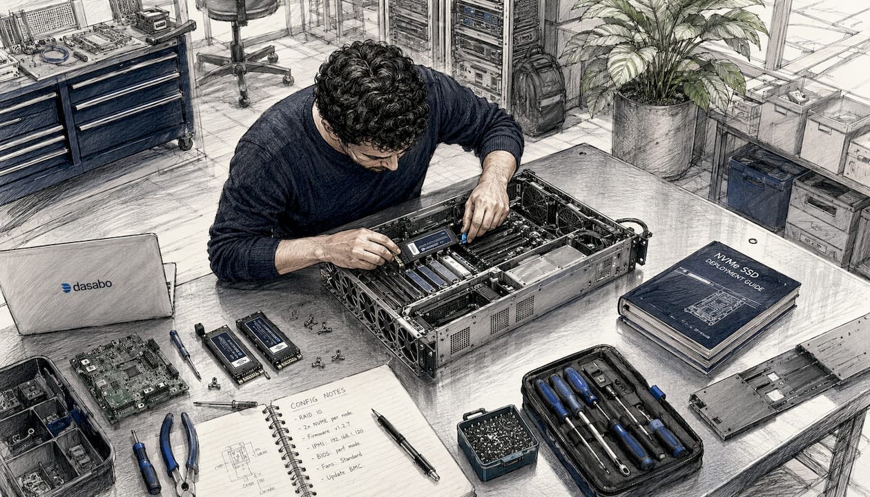 Technician working with server NVMe SSD hardware