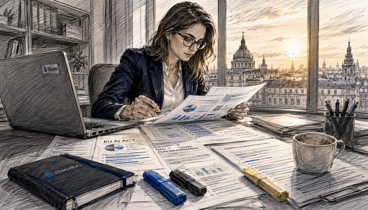 Professional reviewing compliance documents at office