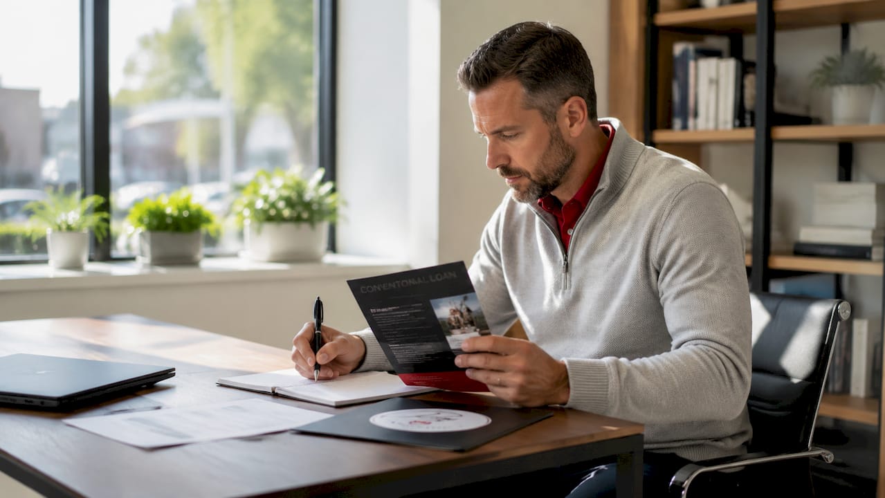 Man reviewing conventional loan brochure at desk