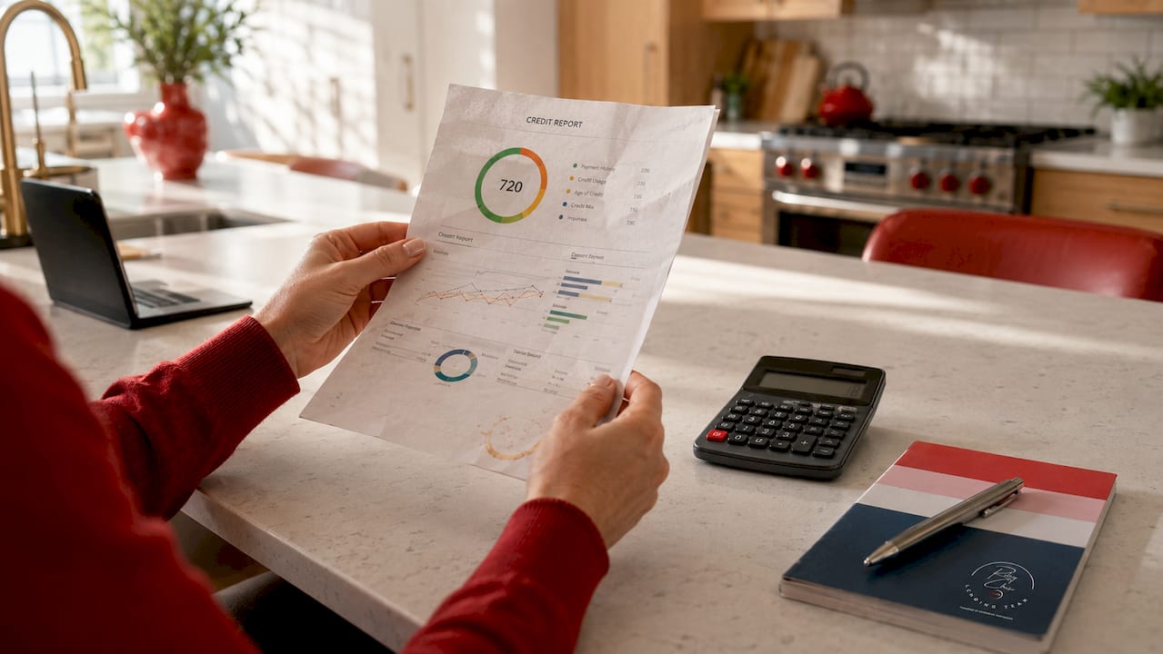 Close-up hands reviewing credit report and calculator