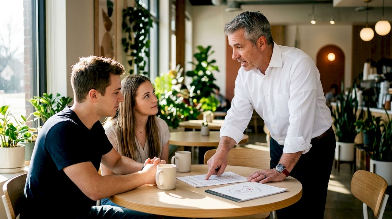 Loan officer explaining closing fee details to couple