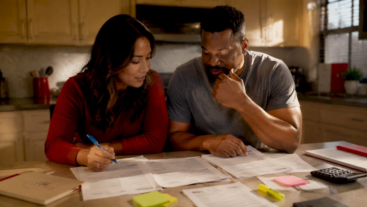 Couple reviewing mortgage origination fee documents