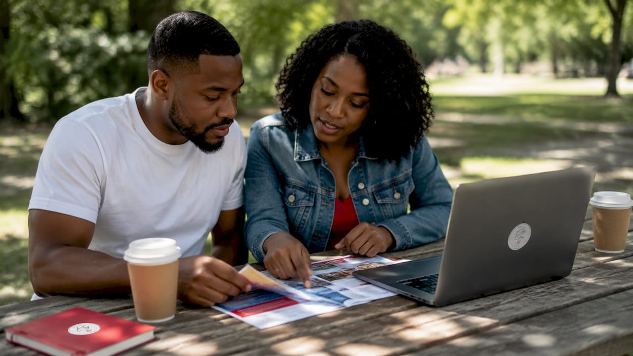 Couple reviewing mortgage assistance programs at café table