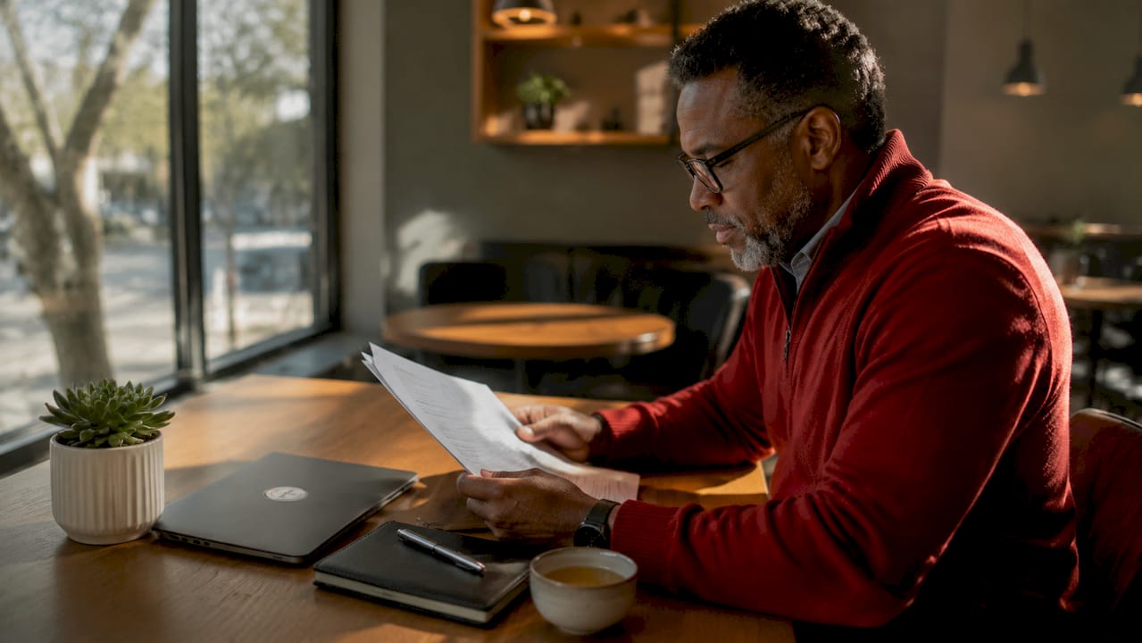Man reviewing mortgage pre-approval documents at desk