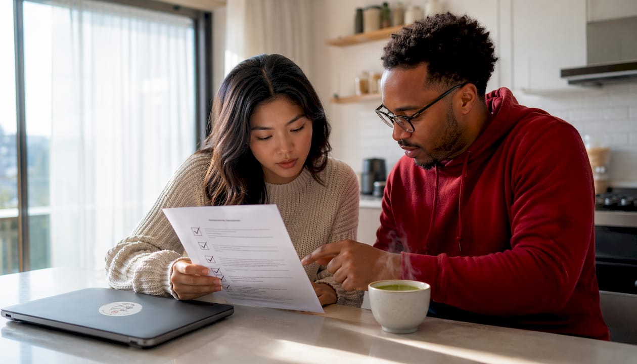 Couple reviewing conditional loan approval checklist