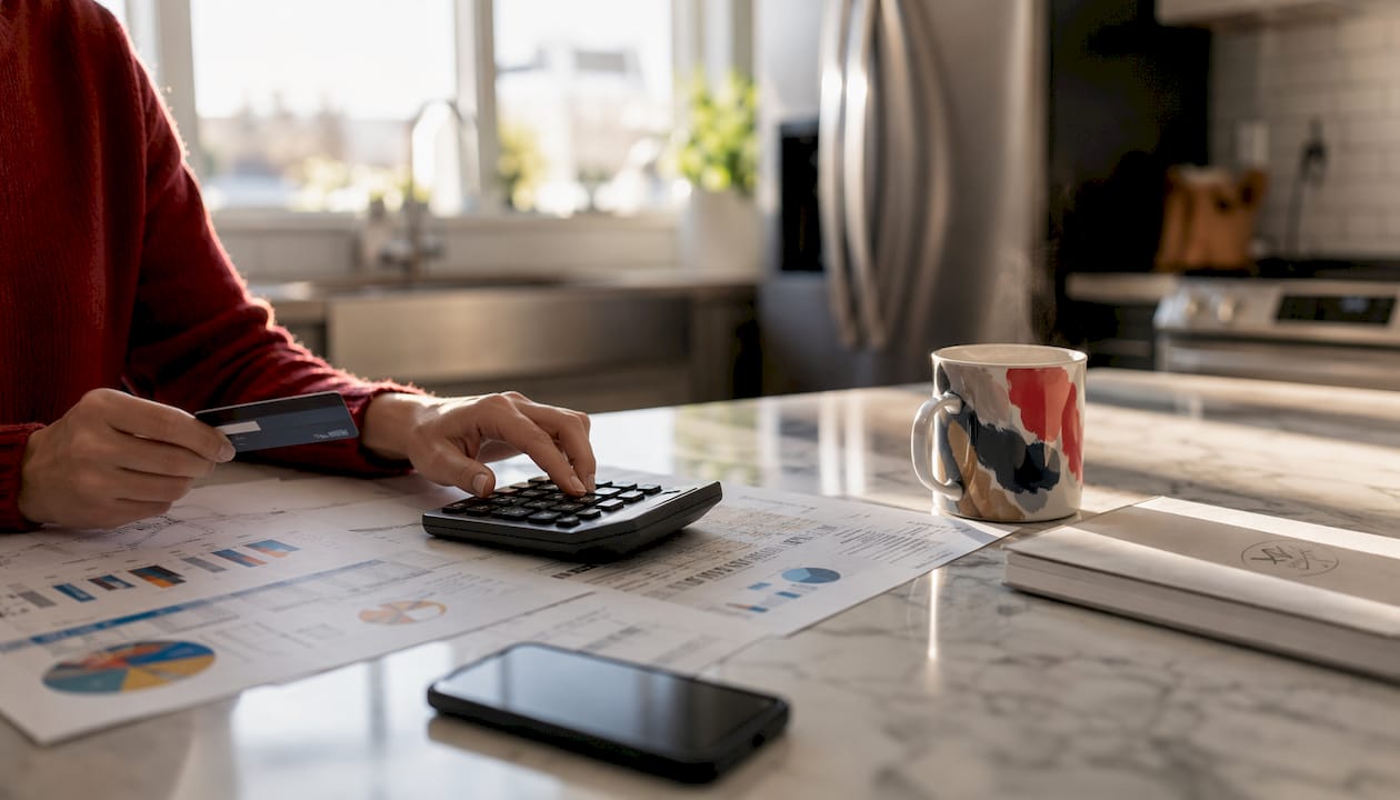 Hands calculating budget and credit for home purchase