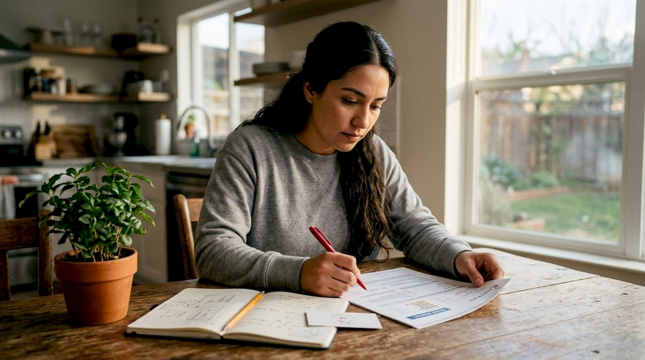 Hands reviewing credit report with pen on desk