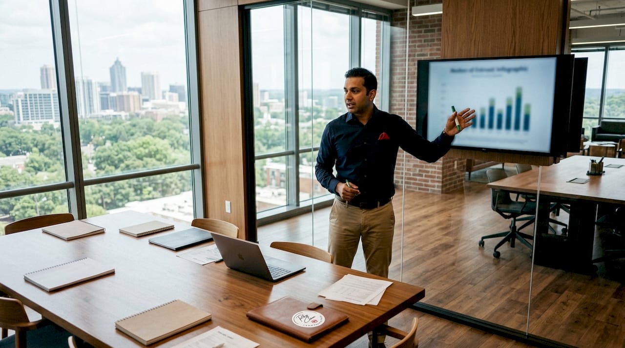 Man presenting credit score charts in office