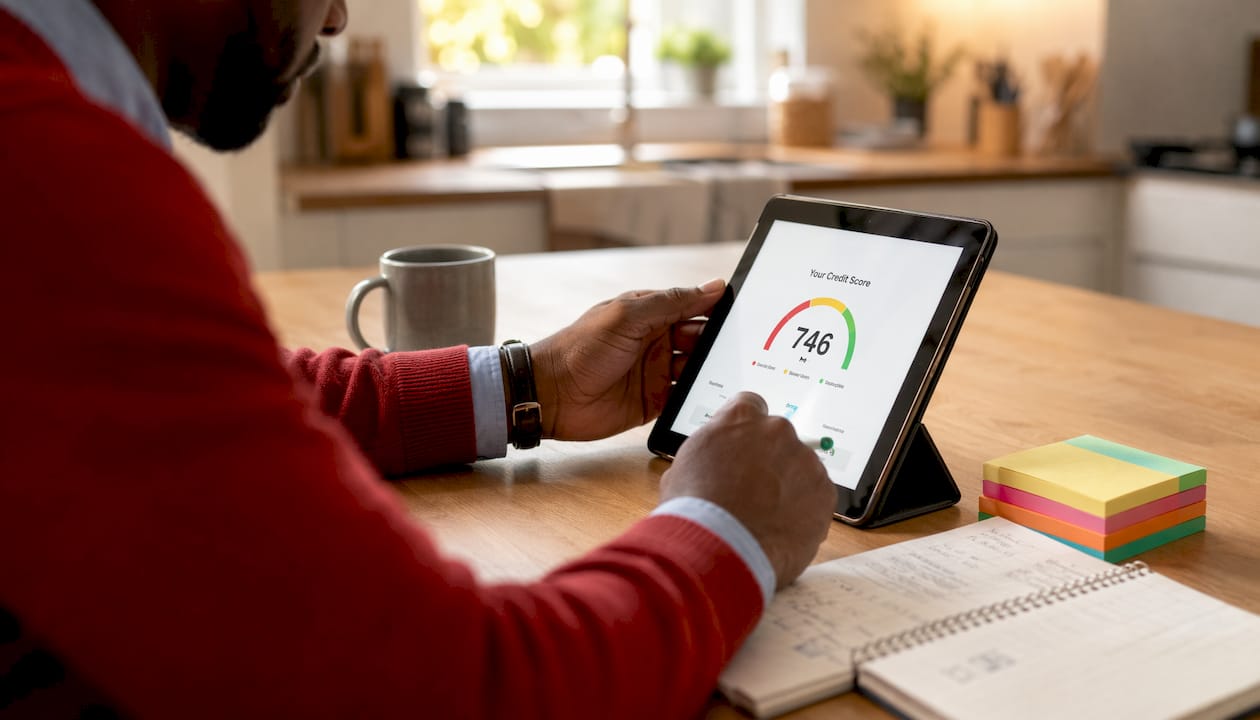 Hands typing beside digital credit score report