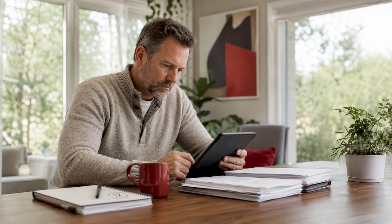 Man reviewing refinancing options on tablet in living room