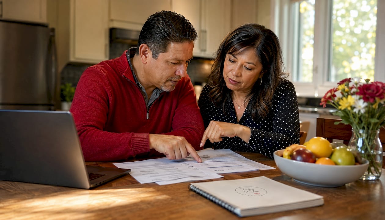 Couple discussing mortgage principal documents at home