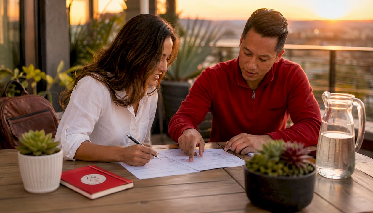Couple comparing loan estimate papers
