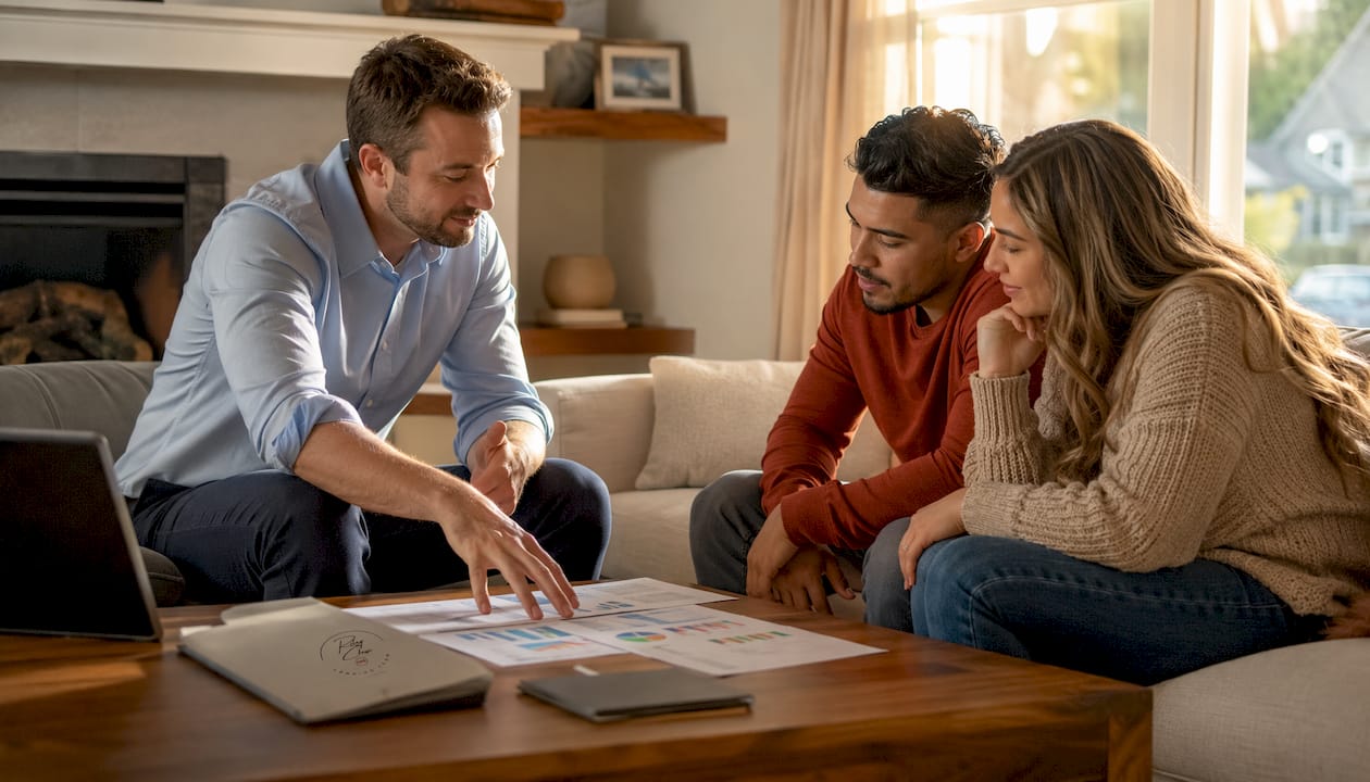 Financial advisor explaining mortgage refinance scenarios