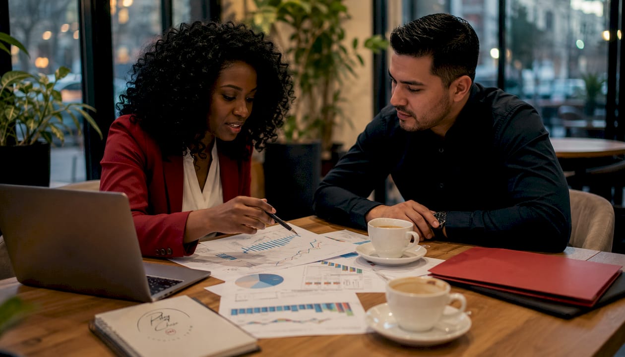 Two professionals discussing mortgage rate charts