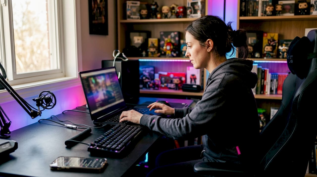 Streamer przygotowuje swoje stanowisko do streamowania gier – widok z góry.