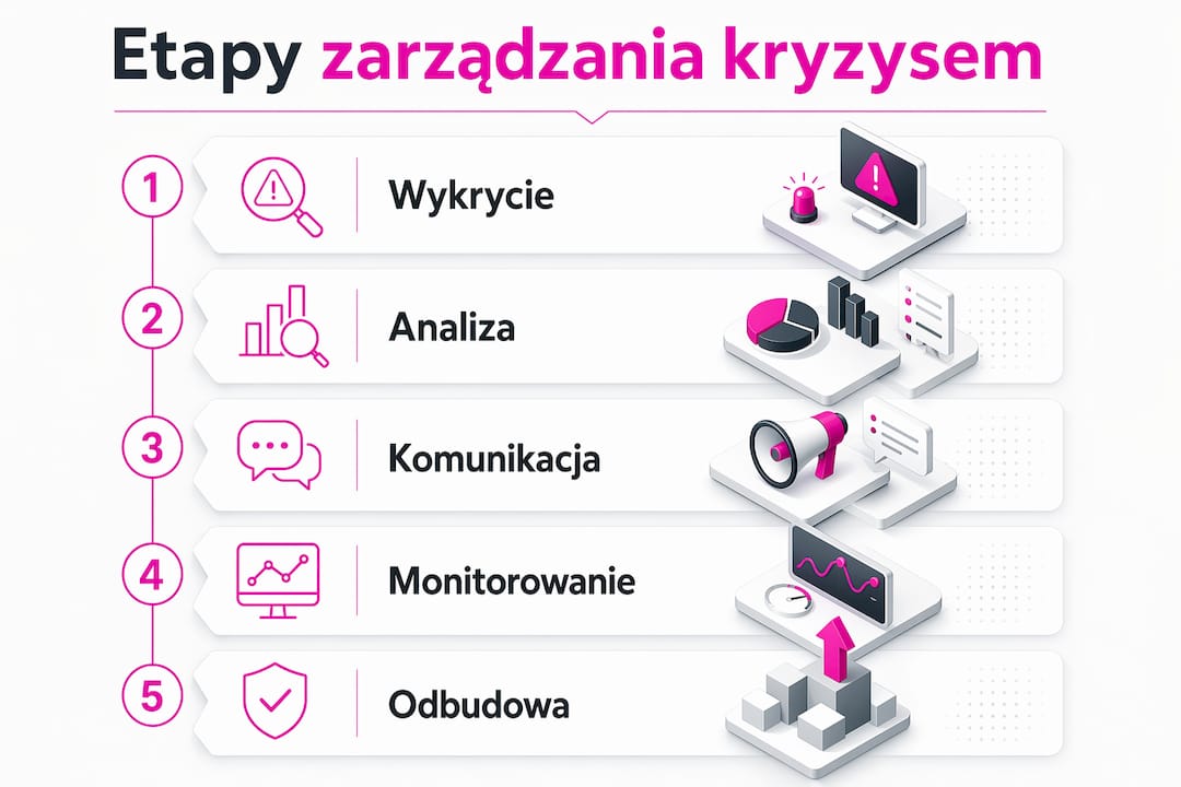 Schemat przedstawiający kolejne kroki skutecznego reagowania na kryzys w mediach społecznościowych