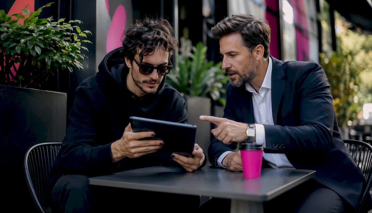 Przy stoliku w kawiarni influencerka razem z marketingowcem omawiają szczegóły nowej kampanii reklamowej.