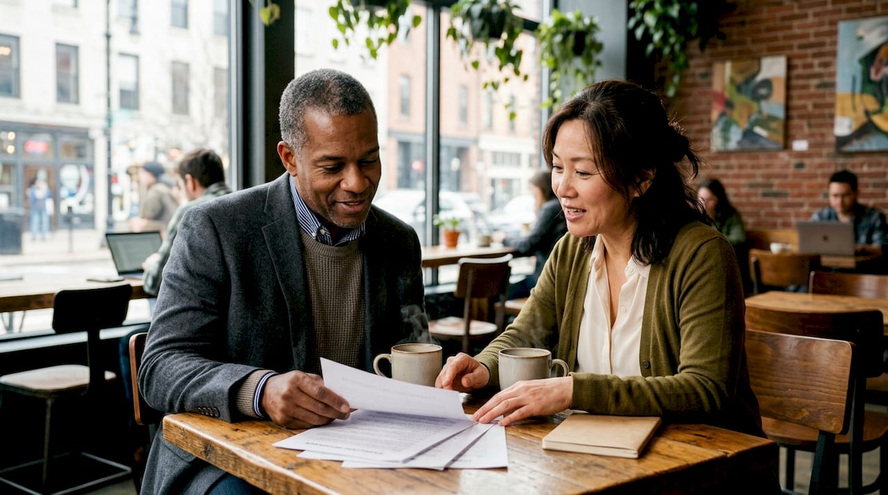 Professionals discussing community stock investment paperwork