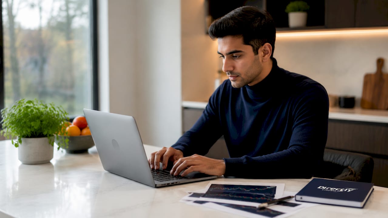 Hands typing amid stock price analysis documents