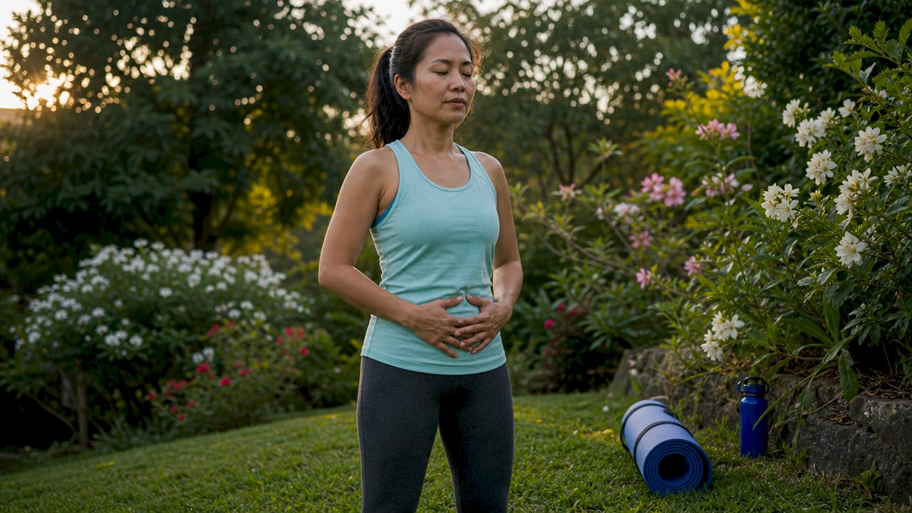 Woman practicing tactical breathing indoors