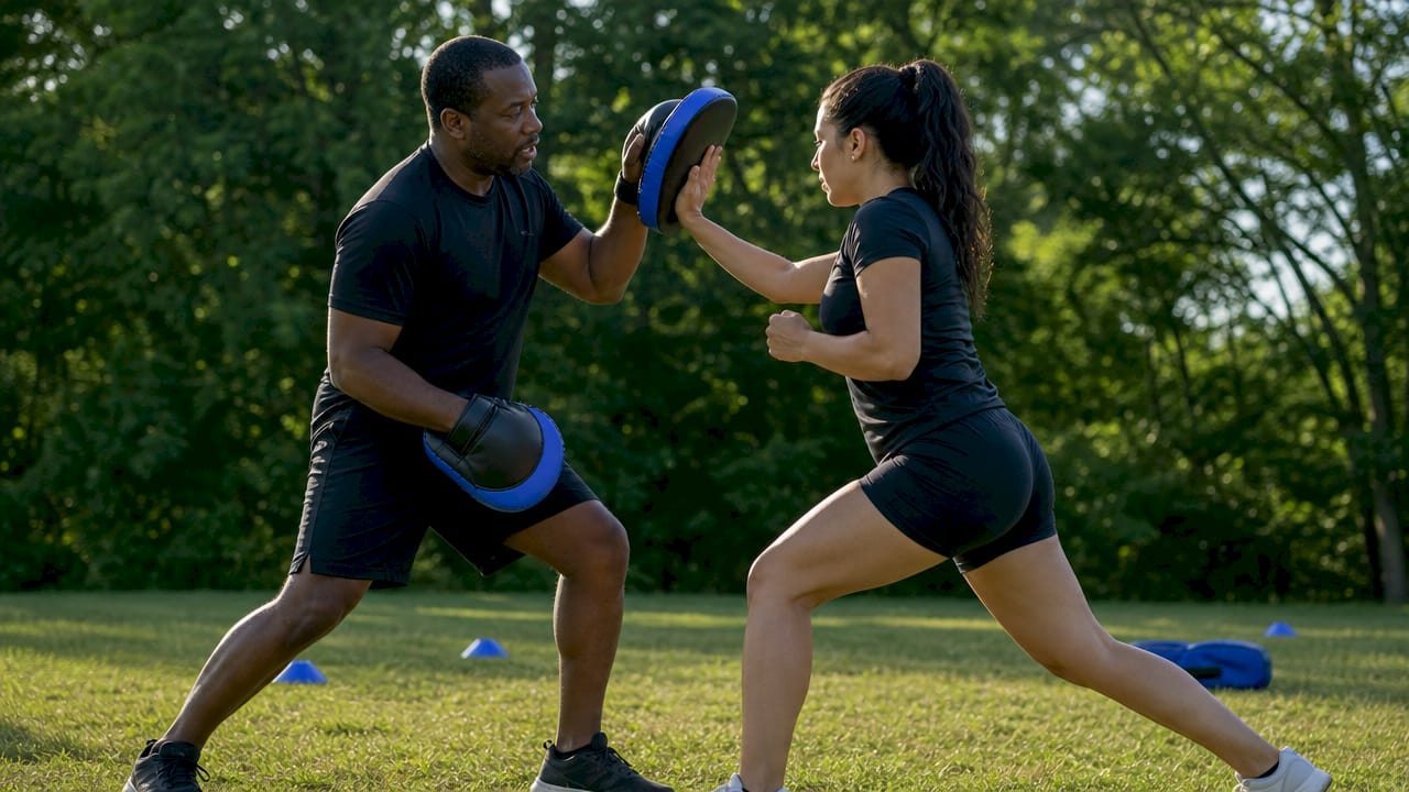 Instructor guiding student in self-defense strikes
