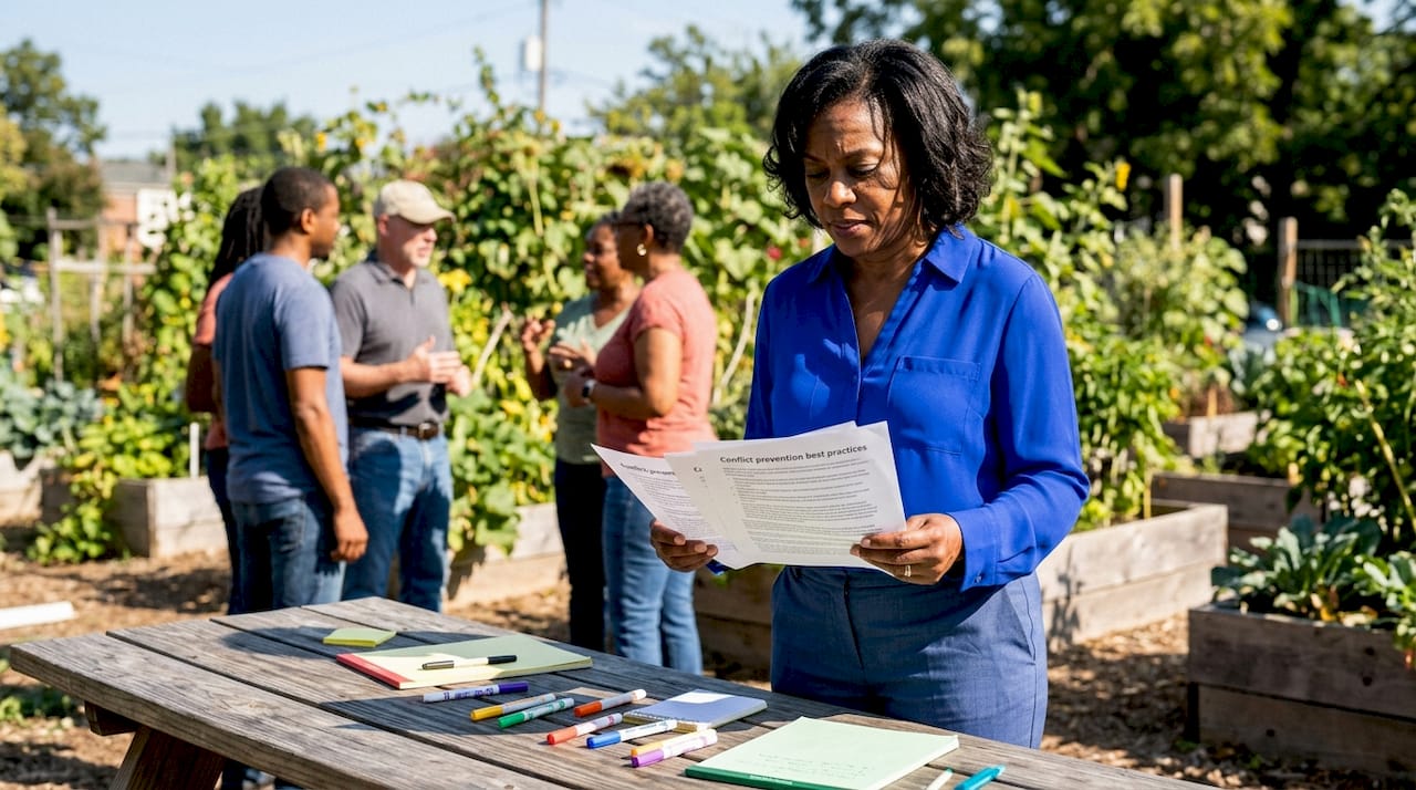 Community leader reviewing conflict prevention notes