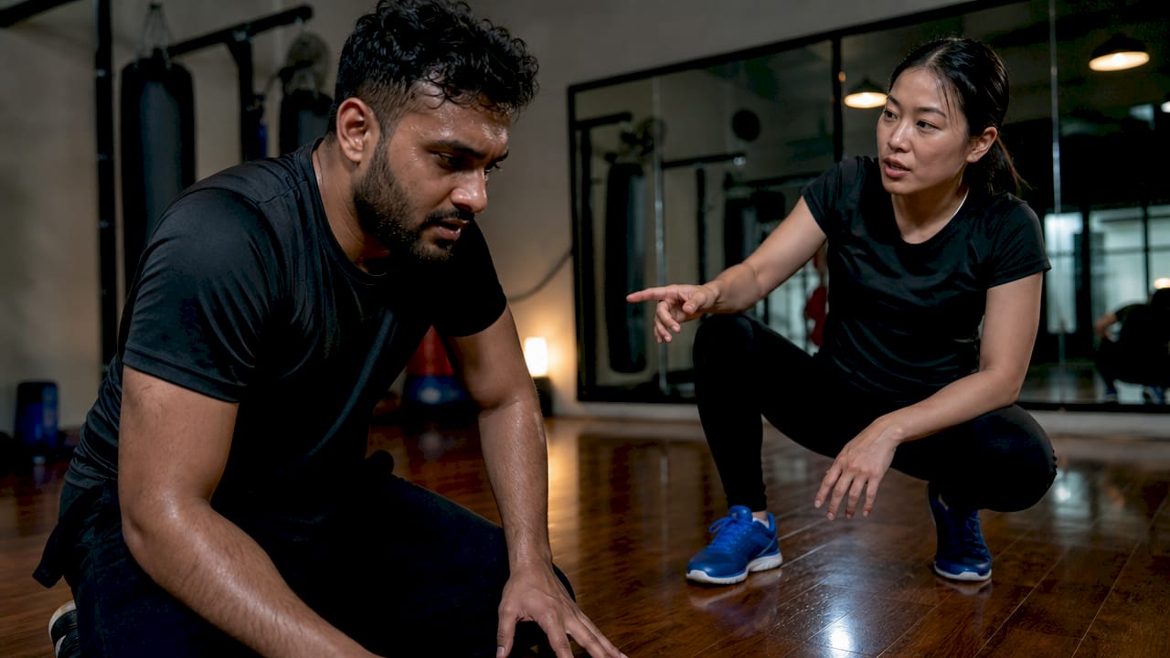 Indoor self-defense stress-test drill with instructor
