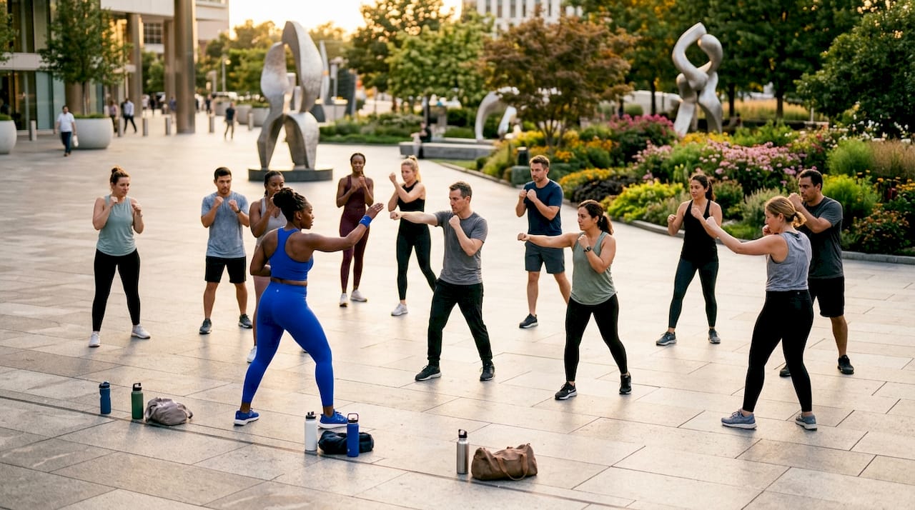 Diverse self-defense class training outdoors