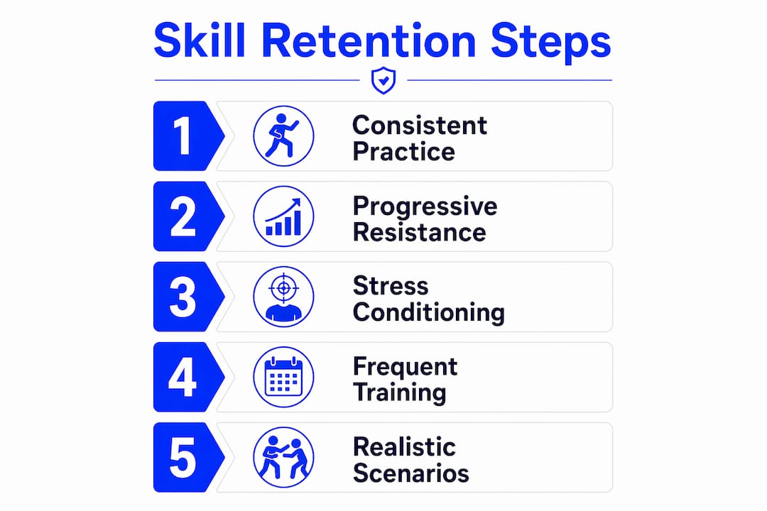 Infographic outlining key steps for retaining self-defense skills
