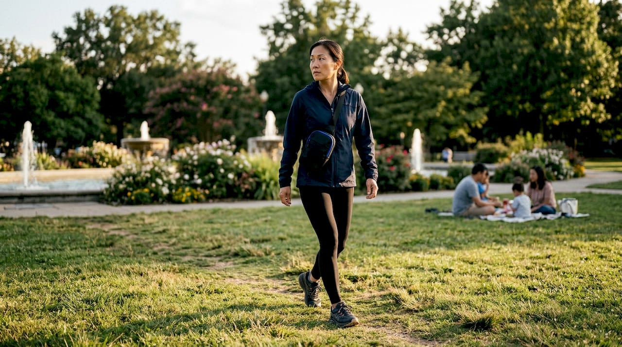 Woman practicing situational awareness outdoors