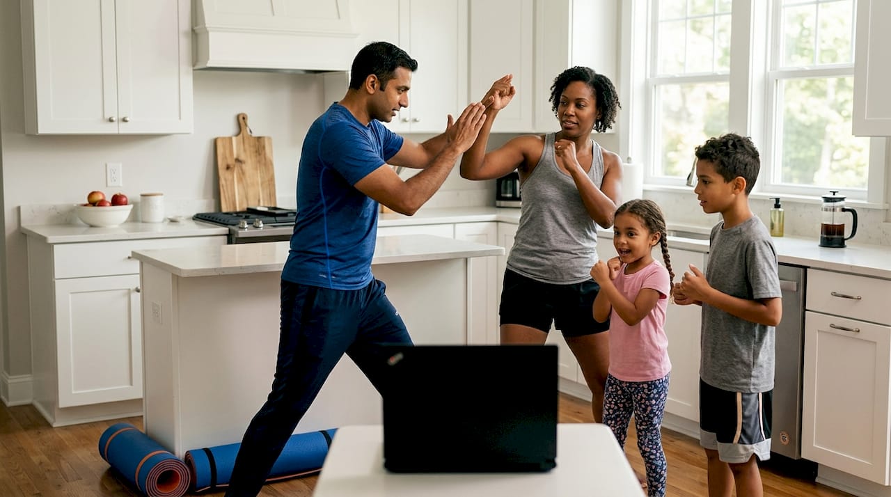 Family practicing self-defense moves at home