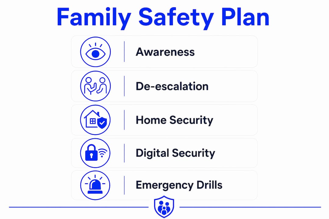 Infographic outlining family safety layered plan steps