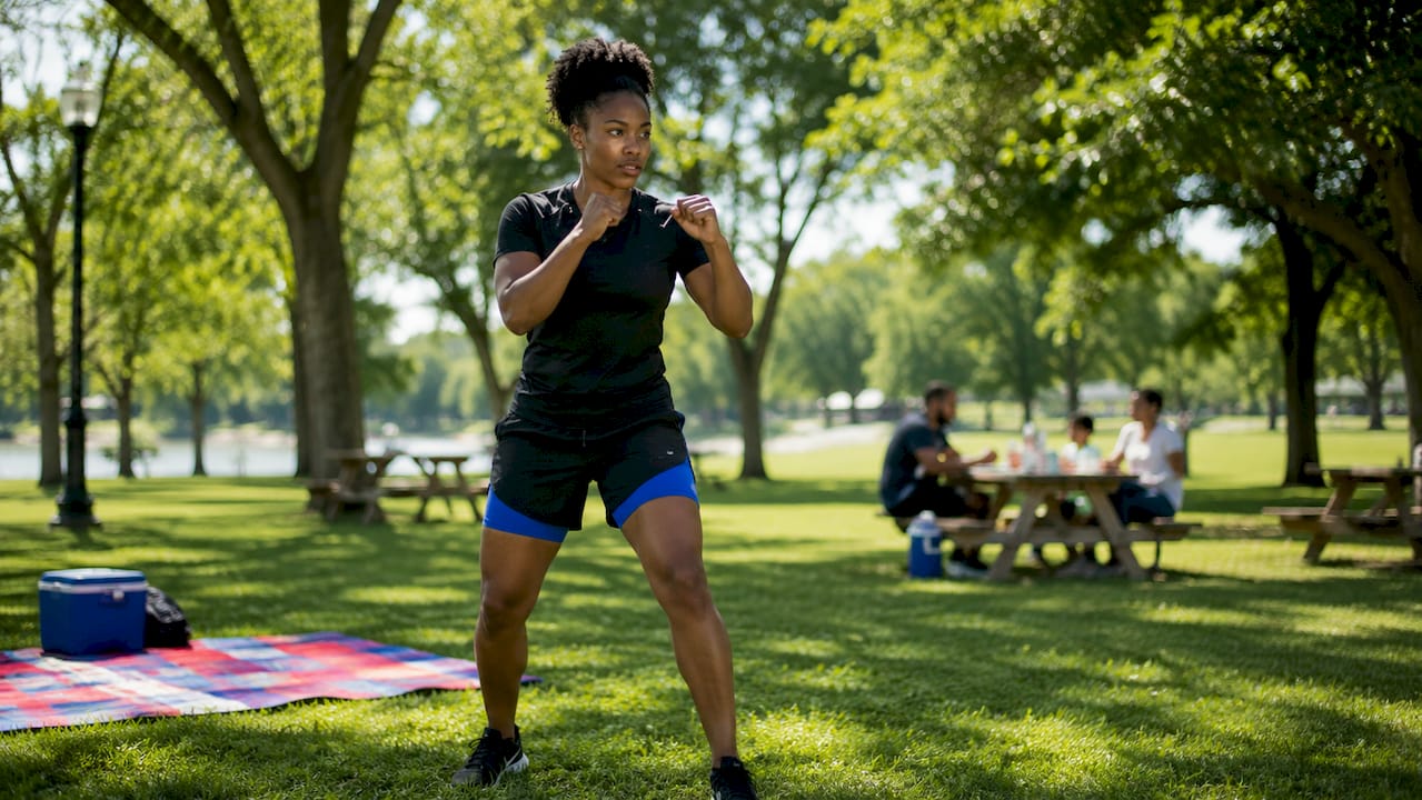 Woman practicing crowd safety boxing-guard in plaza