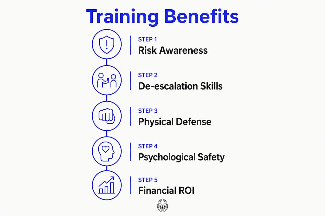 Infographic showing steps and benefits of self-defense training