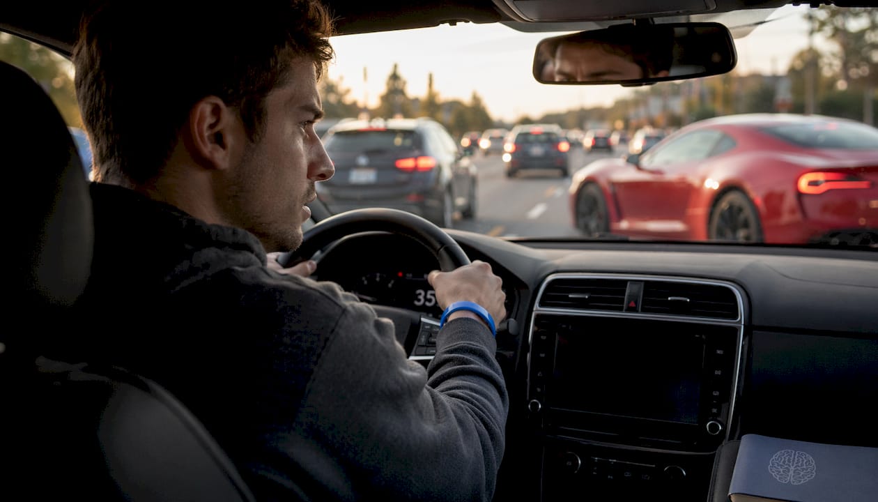 Driver noticing aggressive vehicle ahead