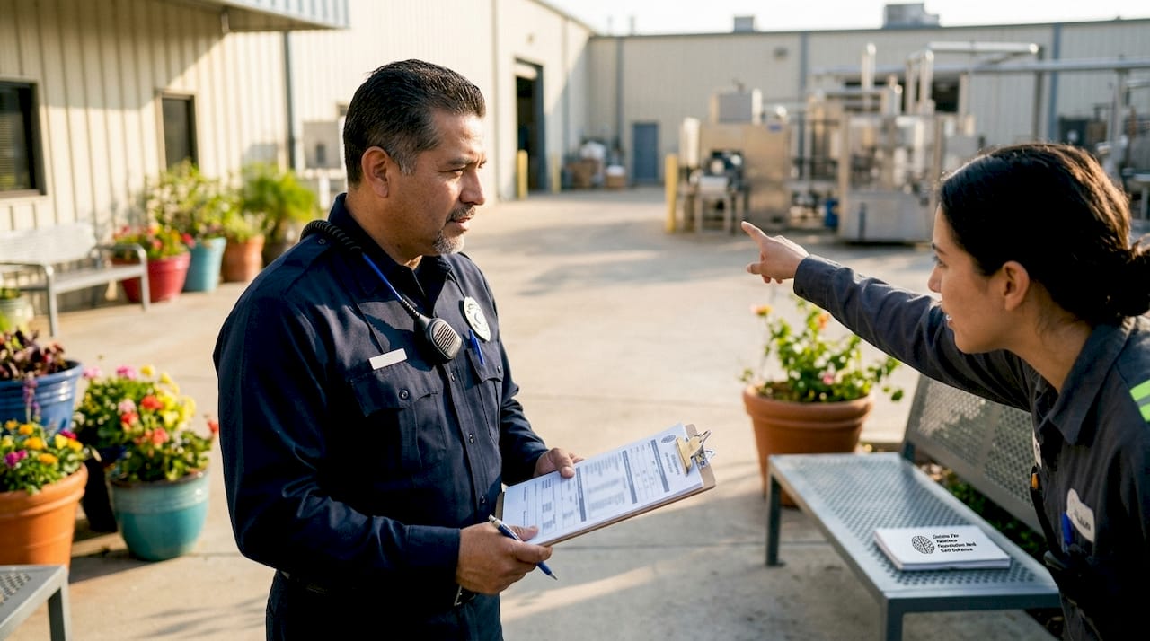Security professional conducting workplace risk assessment