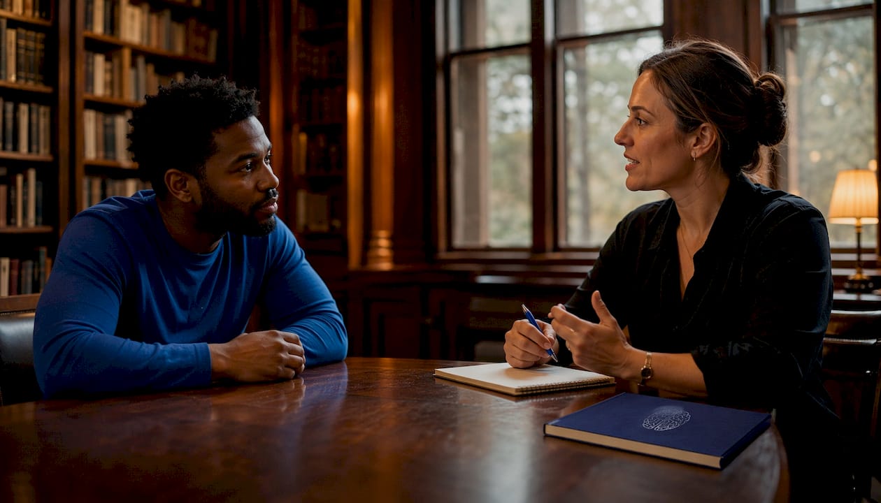Two people discussing abuse warning signs