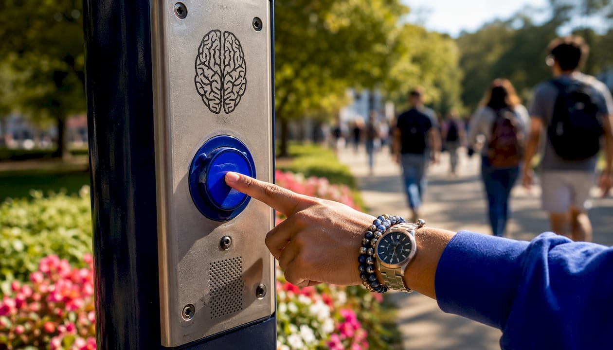Hand pressing campus emergency call button