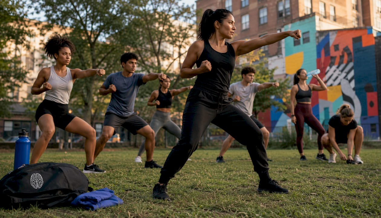 Students learning self-defense on campus lawn