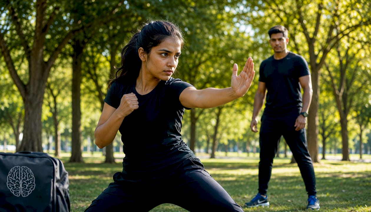 Woman practicing physical self-defense in gym