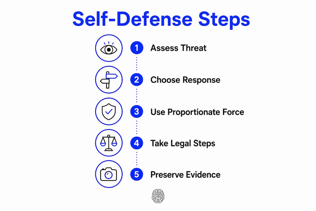 Infographic illustrating self-defense legal and practical steps