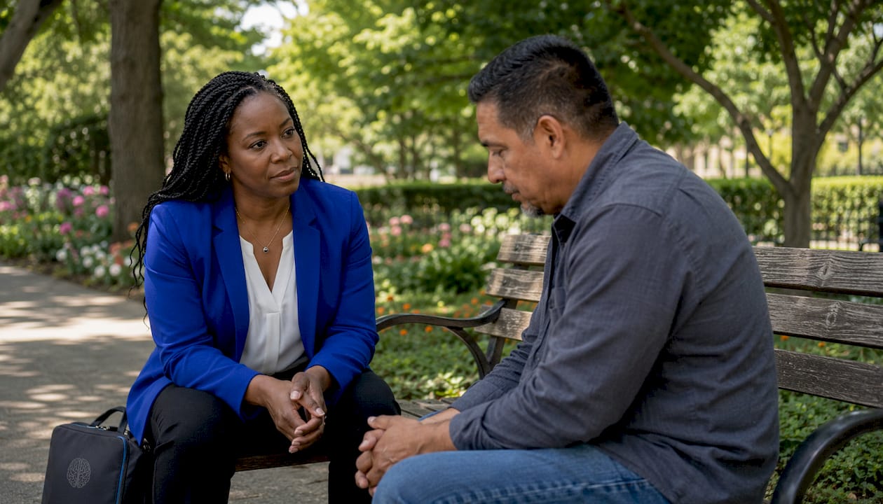 Crisis mediator practicing empathy in discussion with man