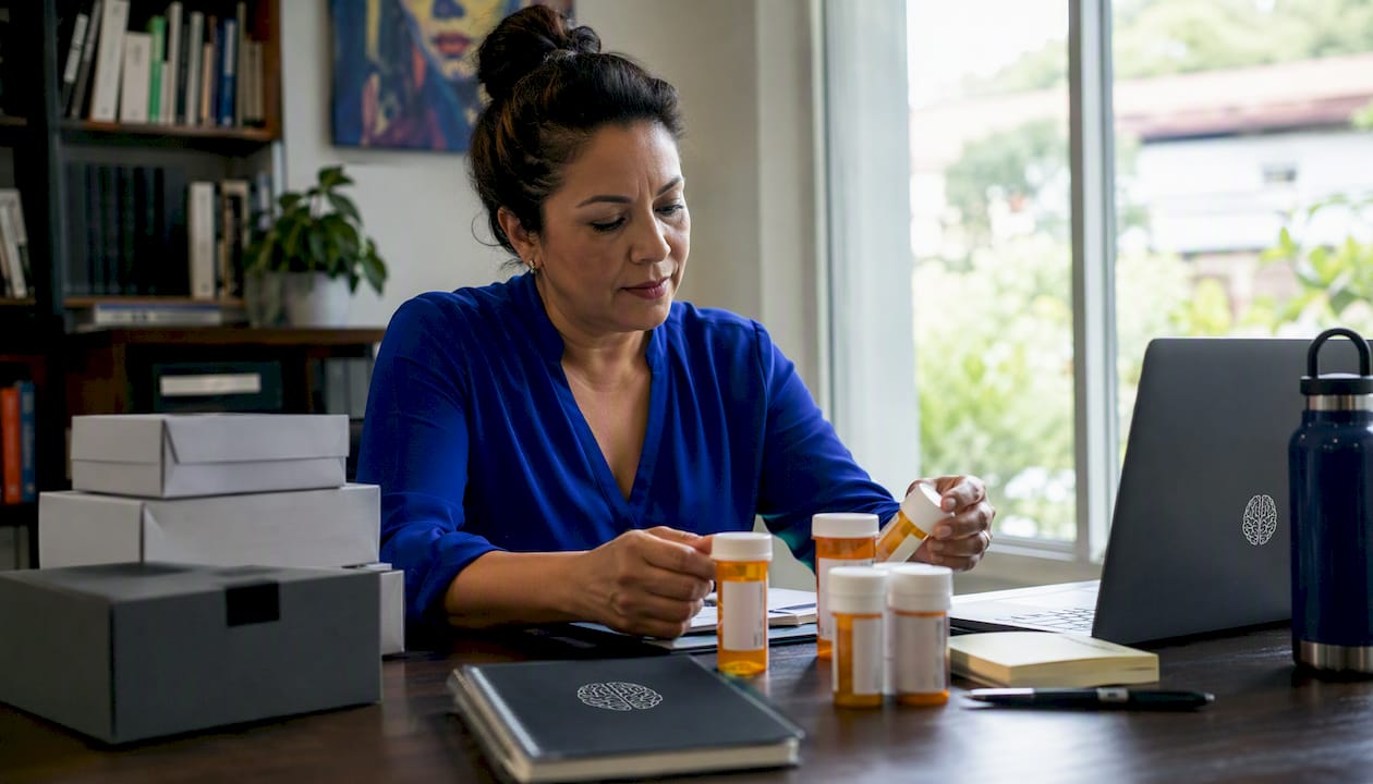 Woman sorting medication deliveries at home