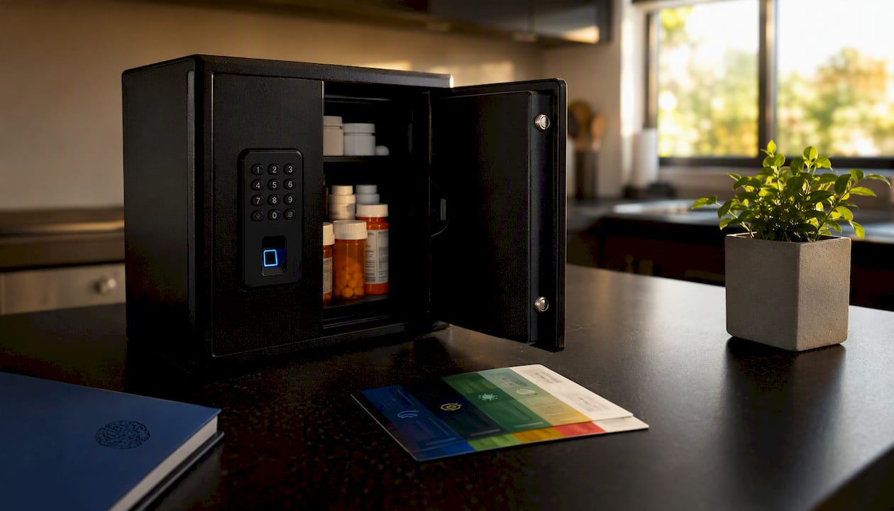 Digital medication lockbox with supplies on desk