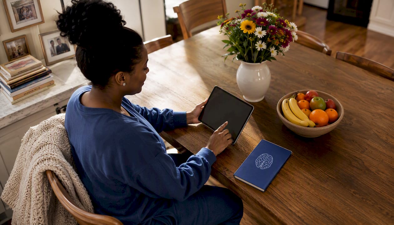 Caregiver updating medication list on tablet