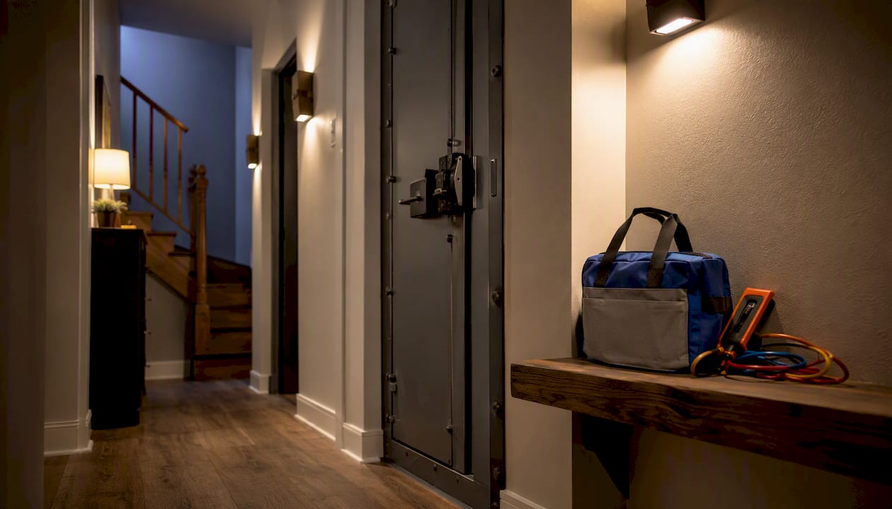 Safe room door with emergency preparedness items